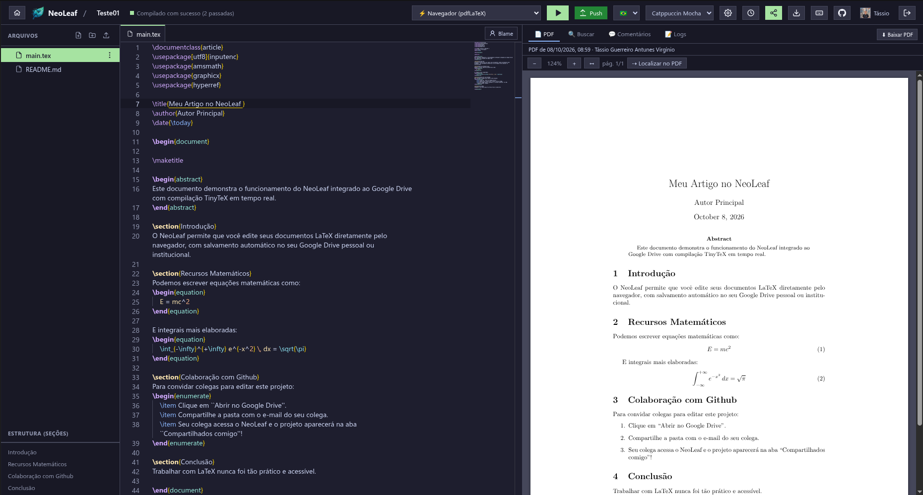 Interface real do editor NeoLeaf: edição LaTeX com Monaco Editor e compilação de PDF lado a lado