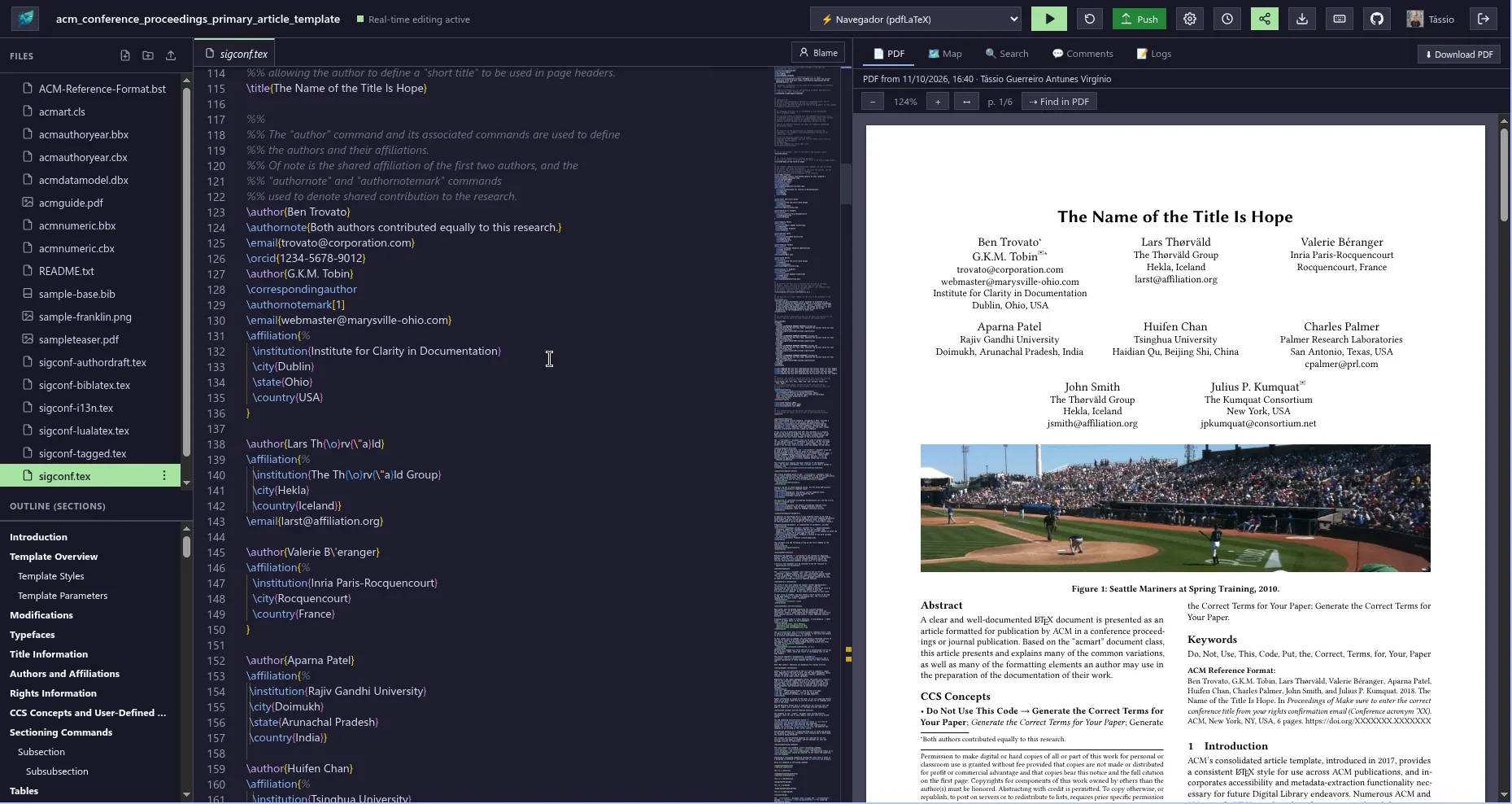 Real NeoLeaf editor interface: LaTeX editing with Monaco Editor and PDF compilation side by side