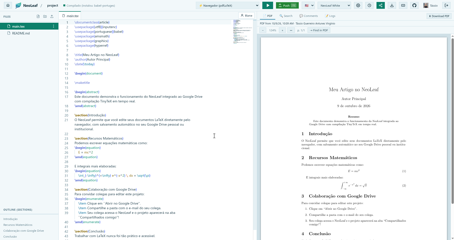 Editor NeoLeaf no tema claro: código LaTeX e PDF lado a lado